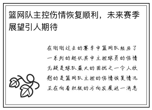 篮网队主控伤情恢复顺利，未来赛季展望引人期待