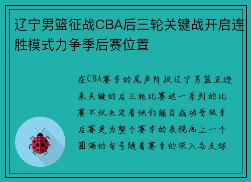 辽宁男篮征战CBA后三轮关键战开启连胜模式力争季后赛位置