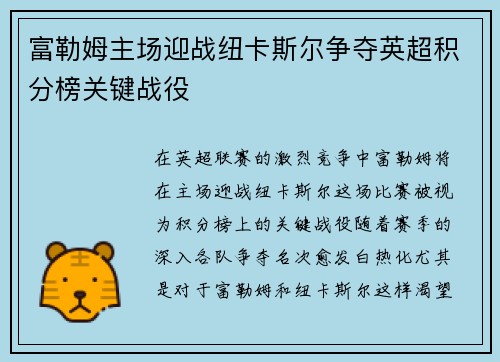 富勒姆主场迎战纽卡斯尔争夺英超积分榜关键战役