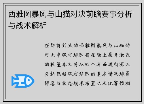 西雅图暴风与山猫对决前瞻赛事分析与战术解析