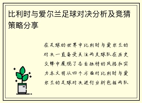 比利时与爱尔兰足球对决分析及竞猜策略分享