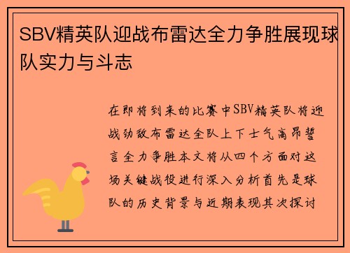 SBV精英队迎战布雷达全力争胜展现球队实力与斗志