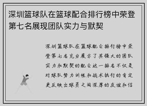深圳篮球队在篮球配合排行榜中荣登第七名展现团队实力与默契