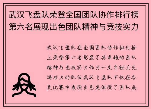 武汉飞盘队荣登全国团队协作排行榜第六名展现出色团队精神与竞技实力