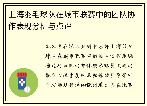 上海羽毛球队在城市联赛中的团队协作表现分析与点评